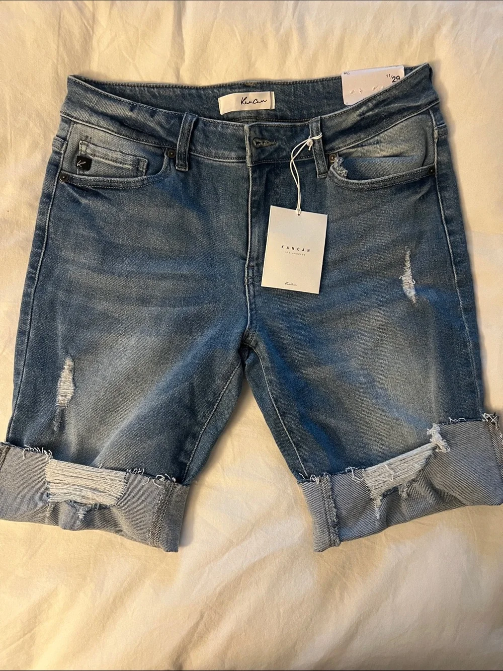 KanCan Blue Distressed Denim Bermuda Shorts with Rolled Hem